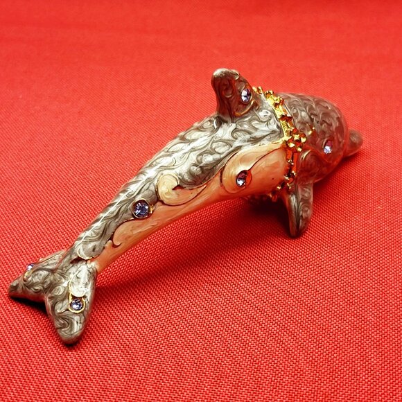 Metal Enamel Dolphin Trinket Box Hinged Rhinestone Accents - Picture 15 of 15